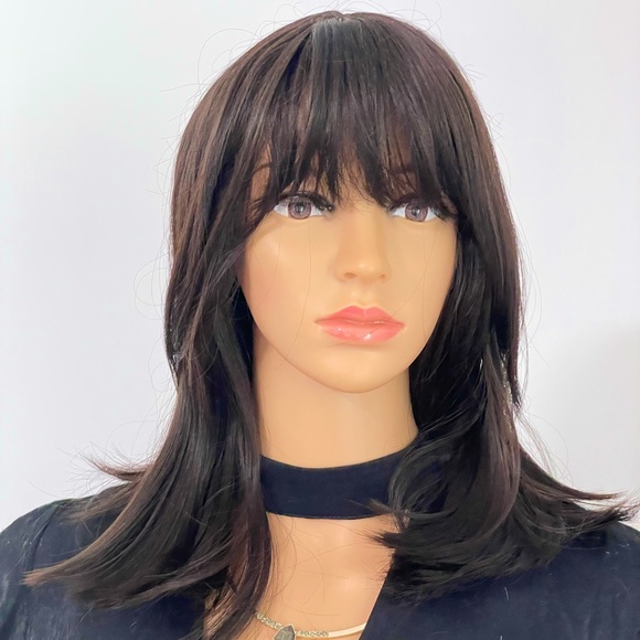 NWT darkest brown chocolate wig long bangs side pieces customized custom wig 14” - Picture 2 of 16